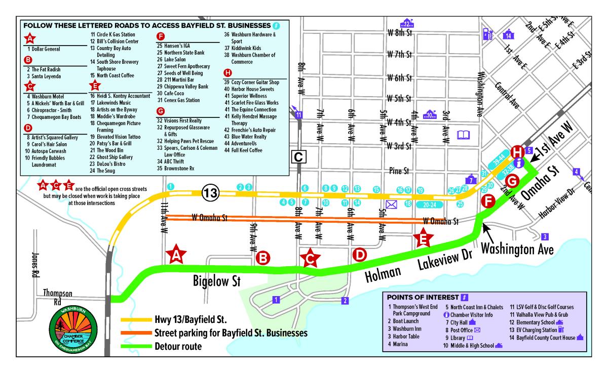 This is a map to help in locating and accessing Bayfield Street business around the construction and detour route.