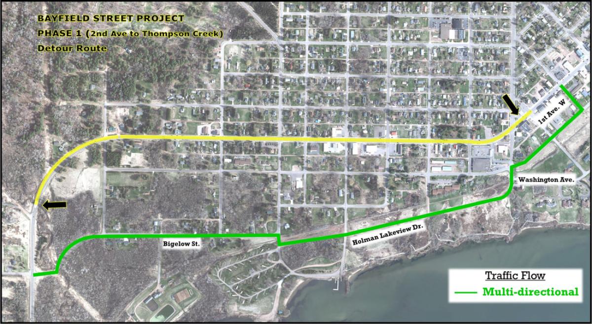 Map highlighting detour routes around Bayfield Street