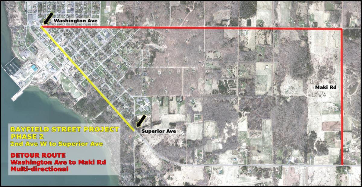 Map highlighting detour route for Bayfield Street